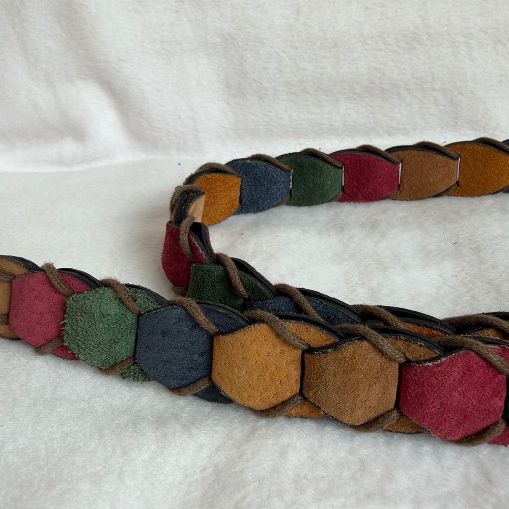 Vintage Multicolor Braided Suede Leather Belt Patchwork Boho Brass Buckle XL - Picture 3 of 4